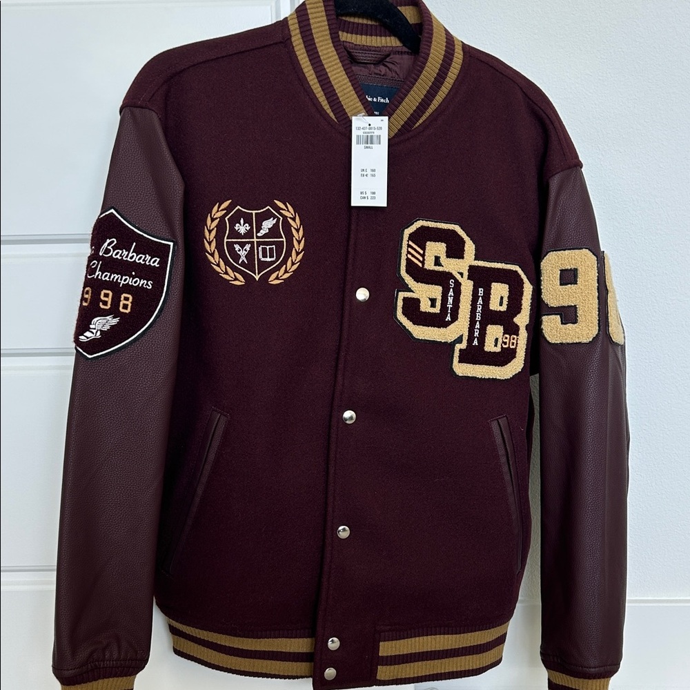 NEW NWT SB Abercrombie & Fitch Burgundy Varsity Jacket Size Small S Unisex